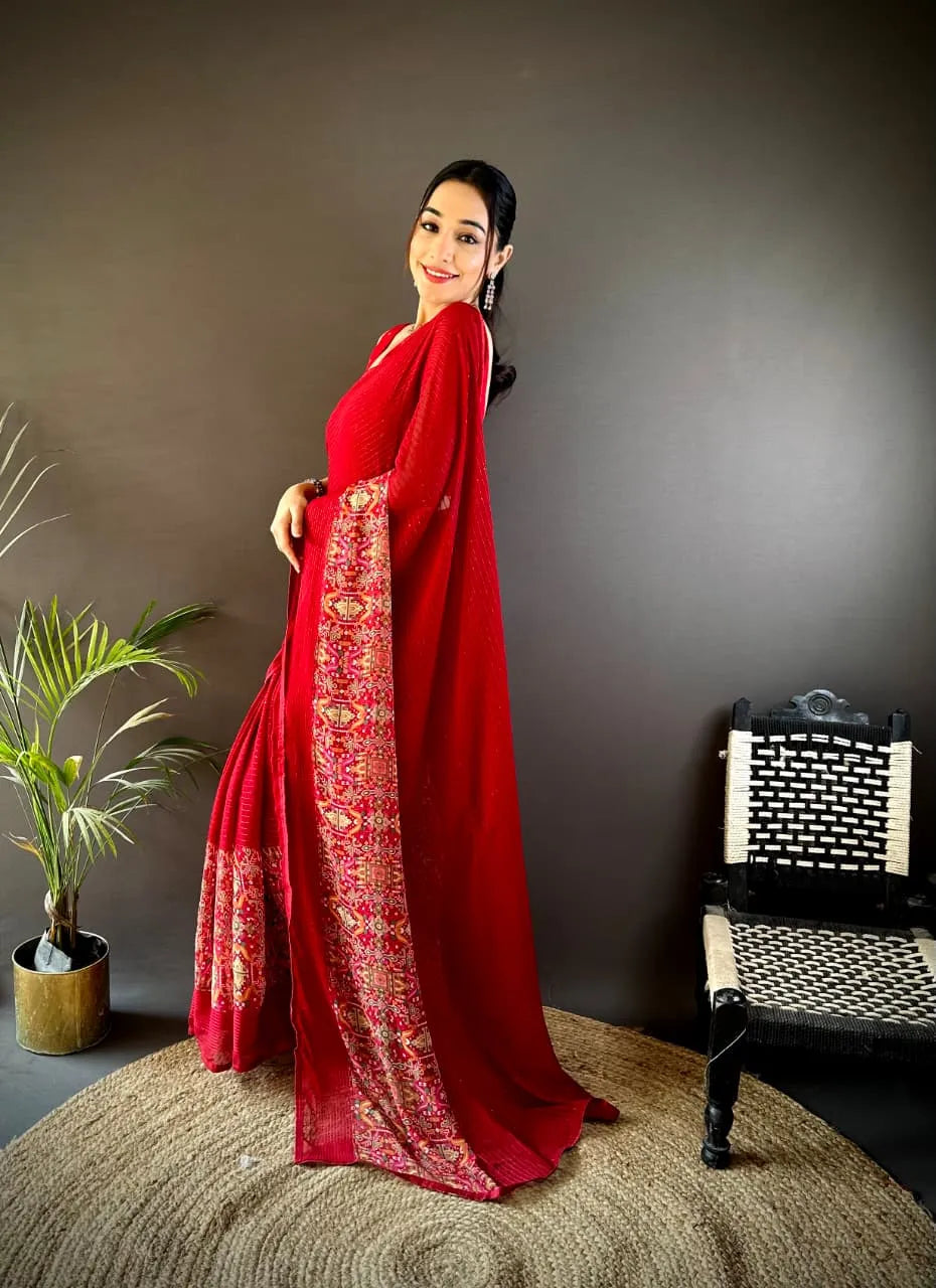 Fancy Georgette Saree with Sequence Work & Foil Print | Party Wear Saree (Red)